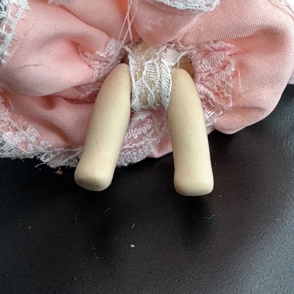 Vintage Miniature Doll Porcelain Face Pink Lace‎ Dress Collectible Display Decor